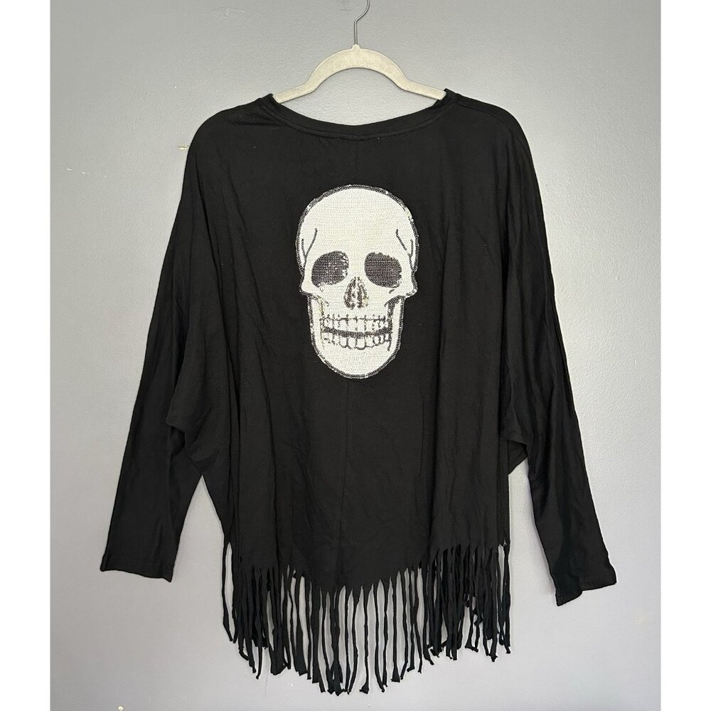 Fantastic‎ Fawn Top L Black Boxy Batwing Dolman Fringe Sequin Skull Halloween